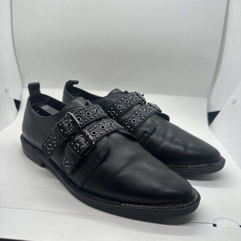 Bleecker & Bond Sz 9 Leigh Double Studded Monk Strap Black Leather Oxfords Shoes
